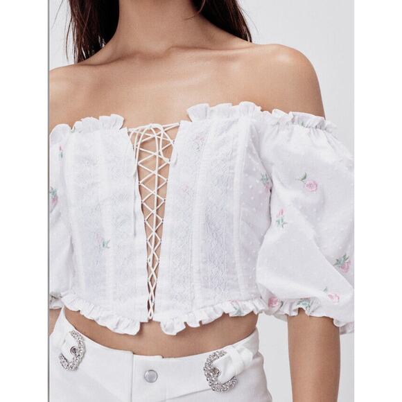 FOR LOVE & LEMONS Rainey Crop Top IVORY XS Eyelet Puff Sleeve Lace-Up - Picture 2 of 9